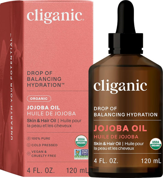 Cliganic Organic Jojoba Oil, 100% Pure (4oz) | Moisturizing Oil for Face, Hair, Skin & Nails | Natural Cold Pressed Hexane Free | Base Carrier Oil (Packaging May Vary)